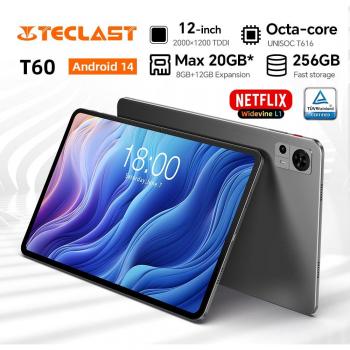 Tablet Teclast T60 12 2K Android 14, Procesador T620 Octa-Core, hasta 20GB RAM, 256GB ROM, 4G LTE, Tipo C, Batería de 8000