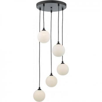 Lámpara colgante Federico de Dar Lighting, negro satinado, cristal opalino, 5 bombillas, longitud de 150 cm