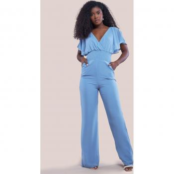Goddiva Chiffon Jumpsuit With Flutter Sleeves - Blue