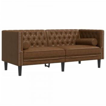Chesterfield 2-Seater Sofa Brown Faux Suede Leather with Bolsters