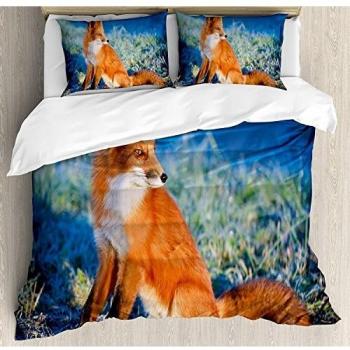 Juego de sábanas Fox de 3 piezas Juego de funda nórdica, Serene Autumn Field en Cold Morning con Fox Nature Scenery Grass Perspicacious, Juego de fundas de edredón / Qulit de 3 piezas con 2 fundas de