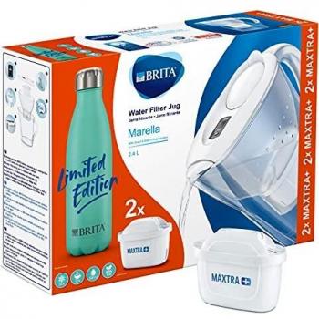 BRITA Paquete Marella blanco con botella de acero inoxidable con aislamiento Aqua – jarra de filtro reduce el cloro, cal e impurezas, incluye 2 cartuchos de filtro MAXTRA+