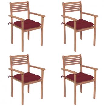 Teak Garden Chairs Set of 4 with Wine Red Cushions