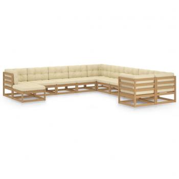 Set de muebles de jardín 11 piezas con cojines de madera de pino color marrón miel