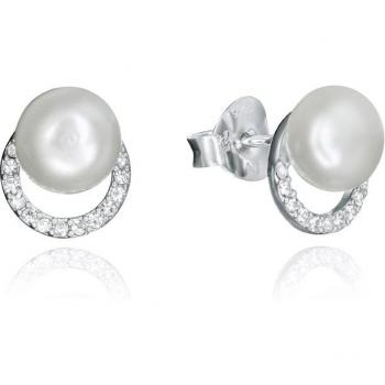 Pendientes Clásica de plata de ley con forma de aro con circonitas y perla - 71051E000-68