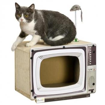 Rascador de Cartón para Gatos PawHut en Forma de Televisor con Ratón de Juguete - Centro de Actividades 43x23x32,5 cm