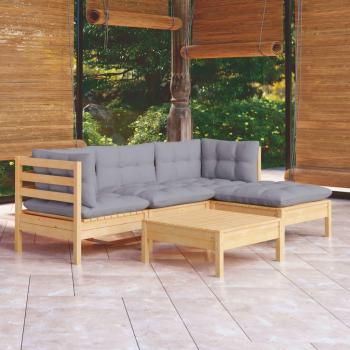 5 Piece Pinewood Garden Lounge Set with Gray Cushions