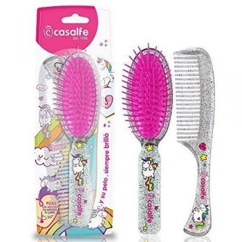 Cepillo detangler + peine Casalfe Unicornios y brilli brilli - resistente al secador, Transparente con purpurina