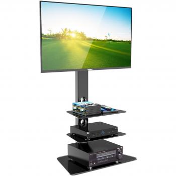 BONTEC Soporte TV Suelo Giratorio para LCD LED Plasma Flat Curved TVs de 30-65 Pulgadas, con 3 estantes de Vidrio Templado,MAX VESA 600x400 mm