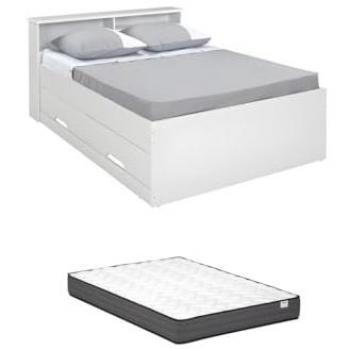 Cama 140 x 190 cm con cajones y compartimentos - Blanco + Colchón - Modelo Boris