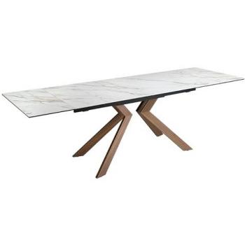 Mesa Comedor Extensible Rectangular de Mármol Porcelánico Blanco y Acero Efecto Nogal - 180/220/260 x 90 x 76 cm