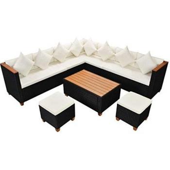 7-Piece Black Poly Rattan Garden Lounge Set with Cushions