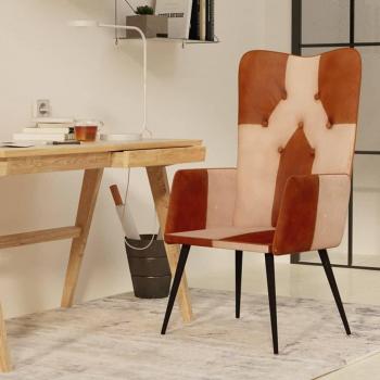 Sillón orejero de cuero auténtico vidaXL en gris, negro, marrón y blanco - Sillón cómodo para dormitorio y sala de estar