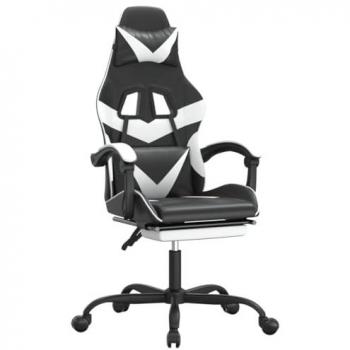 Silla gaming giratoria reposapiés cuero sintético negro blanco con reposabrazos, inclinación alta ajustable y ruedas para oficina y sala de estar