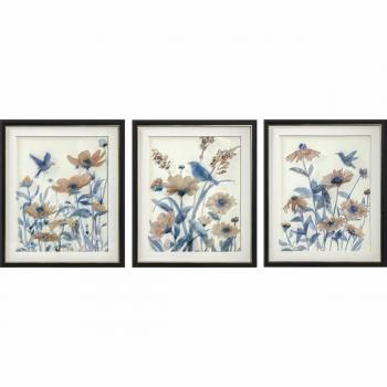 Cuadro Decorativo Impreso con Dibujo de Pájaros y Flores en Marrón y Azul, Tamaño 50x2x60cm, Estilo Shabby Chic, 3 Piezas