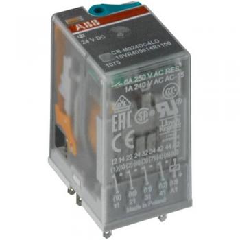 Relé enchufable ABB CR-M024DC2L, alimentación 24V DC, 2 contactos de cambio (C/O), capacidad de conmutación de 250V/12A, con indicador LED