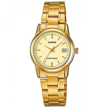 Reloj de pulsera CASIO - LTP-V002G-9A con correa dorada y esfera negra