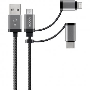 Cable Multiconector Reforzado 3 en 1 con Micro-USB, Lightning MFI y USB-C - 1 Metro