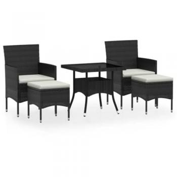 5-Piece Black Poly Rattan Garden Dining Set with Tempered Glass