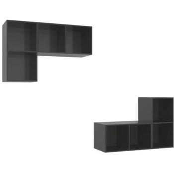Mueble de TV de pared contemporáneo en gris brillante - 4 piezas de madera de ingeniería