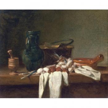 Todavía vida con mano de mortero y mortero, jarra y cobre caldero by Jean-Baptiste-Simeon Chardin. 100% pintado a mano. Óleo sobre lienzo. Reproducción de alta calidad. Envío gratis