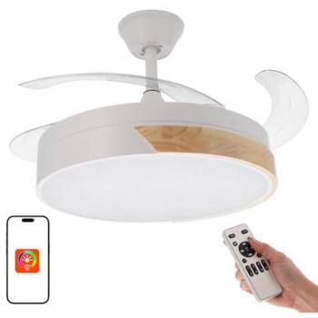 Ventilador de Techo LED Messe 72W Blanco con Madera Natural, Motor DC Silencioso, 6 Velocidades, Aspas Desplegables, Mando a Distancia y Temporizador