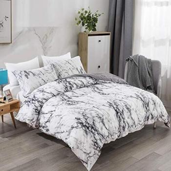 WONGS BEDDING Ropa de Cama de Mármol Blanco Funda Nórdica Grande 3 Piezas Moderno Reversible Gris Impreso Microfibra Edredón Ropa de Cama Conjunto Cierre de Cremallera 220x230 cm