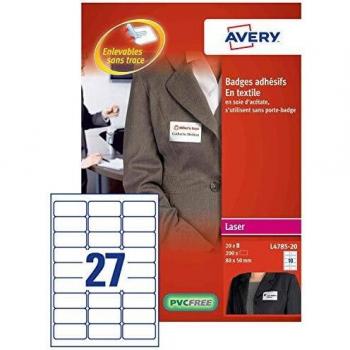 Avery L4784-20 Etiquetas Identificativas Adhesivas para Tejidos, 63.5 x 29.6 mm, 540 Unidades en 20 Hojas, Compatibles con Impresoras L