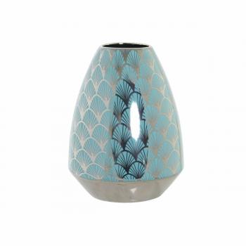 Jarrón de porcelana turquesa con detalles cromados y diseño oriental (18 x 18 x 24 cm)