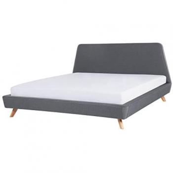 Cama Doble Tapizada Gris con Estructura y Cabecero, 180 x 200 cm, Vienne, Piernas de Madera Clara