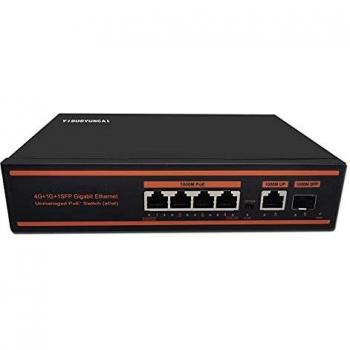 YIDUOYUNCAI 5-Port Gigabit PoE Switch, 4 PoE+ Ports, 1 Uplink Port, 1 SFP slot, 150W, 802.3af/at, Unmanaged Metal Fanless, VLAN, Plug and Play