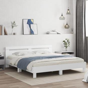 Cama con cabecero y luces LED blancas, marco redondo 200x200 cm