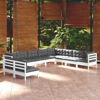 Conjunto de muebles de jardín 10 piezas con cojines blancos de madera maciza de pino