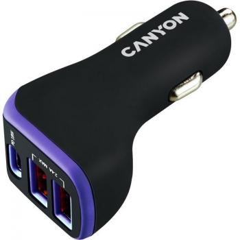 Canyon Cargador para Coche USB-C + 2xUSB 18W con Smart IC, DC12-24V, DC-USB-A 5V 2.4A, Negro Púrpura, Modelo CNE
