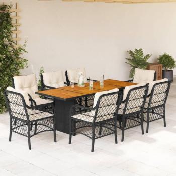 9-Piece Black Poly Rattan Garden Dining Set with Cushions