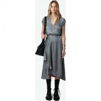 Zadig & Voltaire Satin Gray Midi Dress with Ruffles, Short Sleeve, Size M