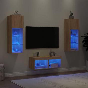 Muebles de TV de pared con luces LED 4 piezas roble Sonoma marrón