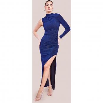Goddiva Open Lurex Back One Sleeve Maxi Dress - Royal Blue - Size 12 UK