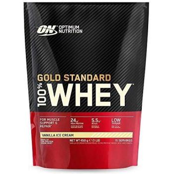 Optimum Nutrition Gold Standard 100% Whey Proteína en Polvo, Glutamina y Aminoácidos Naturales, BCAA, Helado de Vainilla, 15 Porciones, 450g, Embalaje Puede Variar