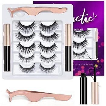 Pestañas Postizas Magneticas, 5 Pares 3D Pestañas Postizas Magnéticas Aspecto Natural Reutilizables 2 Negro Dlineador Magnético Impermeable y Durable con Pinzas Fáciles de Llevarse sin Pegamento