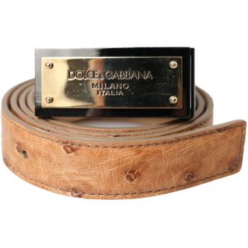 Dolce & Gabbana Beige Leather Gold Logo Engraved Buckle Belt - 90 cm / 36 Inches