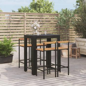 5 Piece Garden Bar Set Black Poly Rattan & Solid Wood Acacia