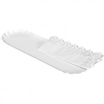 Set de 12 bandejas alargadas de cartón blanco con blonda decorativa, 10 x 36 cm, aptas para uso alimentario y 100% reciclables