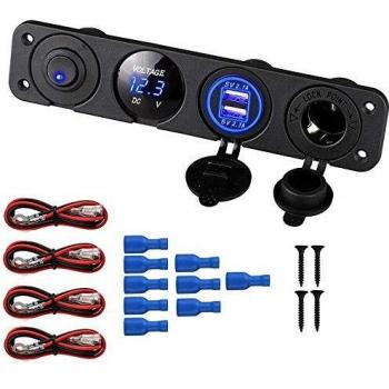 Thlevel Panel de Enchufes 4 en 1, con Doble Cargador USB y Voltímetro de LED y Encendedor de Cigarrillos y LED Azul Interruptor para Coche, Marina, Barco, Camión