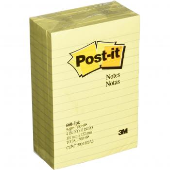 Bonus Pack, 4 x 6, Lined, Canary Yellow, 5 100-Sheet Pads/Pack, Sold as 1 Package