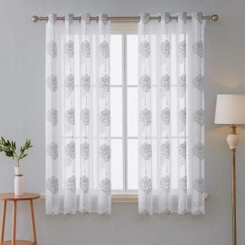 Deconovo Visillo Lino Efecto para Ventana Cortina Transparente para Niños 2 Paneles 140 x 180 cm Blanco Árboles