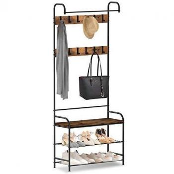 alvorog Perchero de Pie, Perchero con Zapatero, Perchero de Entrada con 3 Estantes y 12 Ganchos Extraíbles, Perchero con Estructura Metálica, Estilo Industrial - 79 × 32 × 185 cm