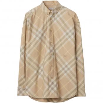 Burberry Men's Check Motif Cotton Shirt in Beige | Size Medium | 8082194B8686