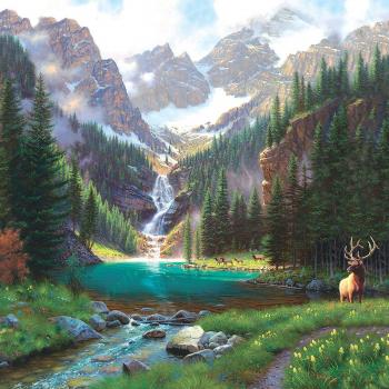 Elk at the Waterfall 1000-Piece Puzzle by Mark Keathley