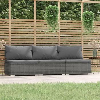 vidaXL Grey Poly Rattan 3-Seater Sofa with Cushions